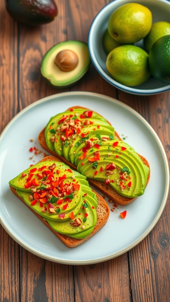 Two slices of avocado toast with seasonings on a wooden table.